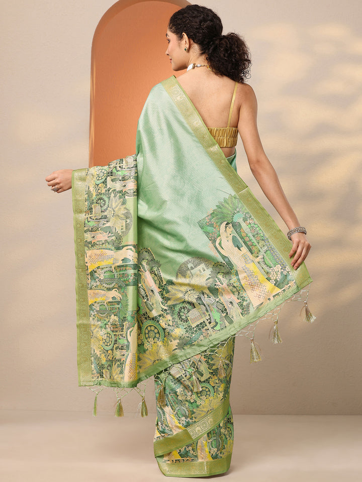 Green Tribal Printed Silk Blend Saree With Unstitched Blouse Piece