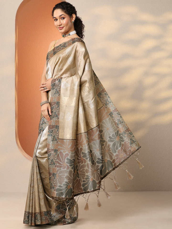 Green Printed Silk Blend Saree With Unstitched Blouse Piece