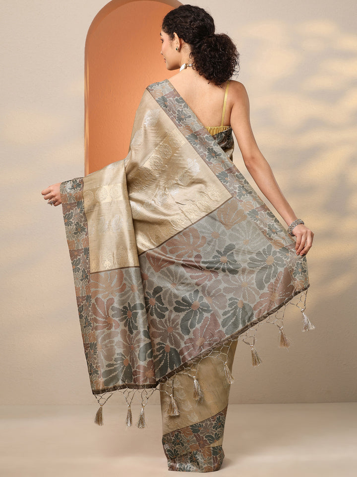 Green Printed Silk Blend Saree With Unstitched Blouse Piece