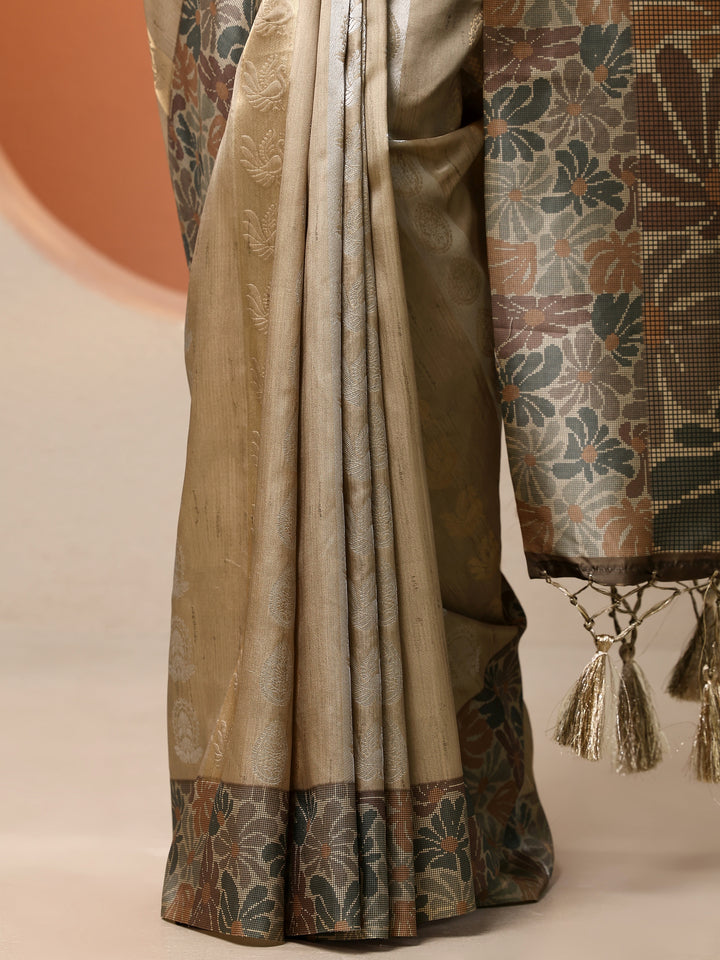 Green Printed Silk Blend Saree With Unstitched Blouse Piece