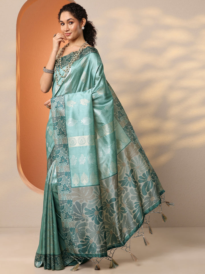Green Printed Silk Blend Saree With Unstitched Blouse Piece