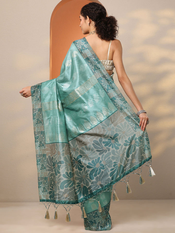 Green Printed Silk Blend Saree With Unstitched Blouse Piece
