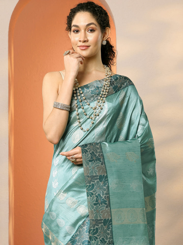 Green Printed Silk Blend Saree With Unstitched Blouse Piece