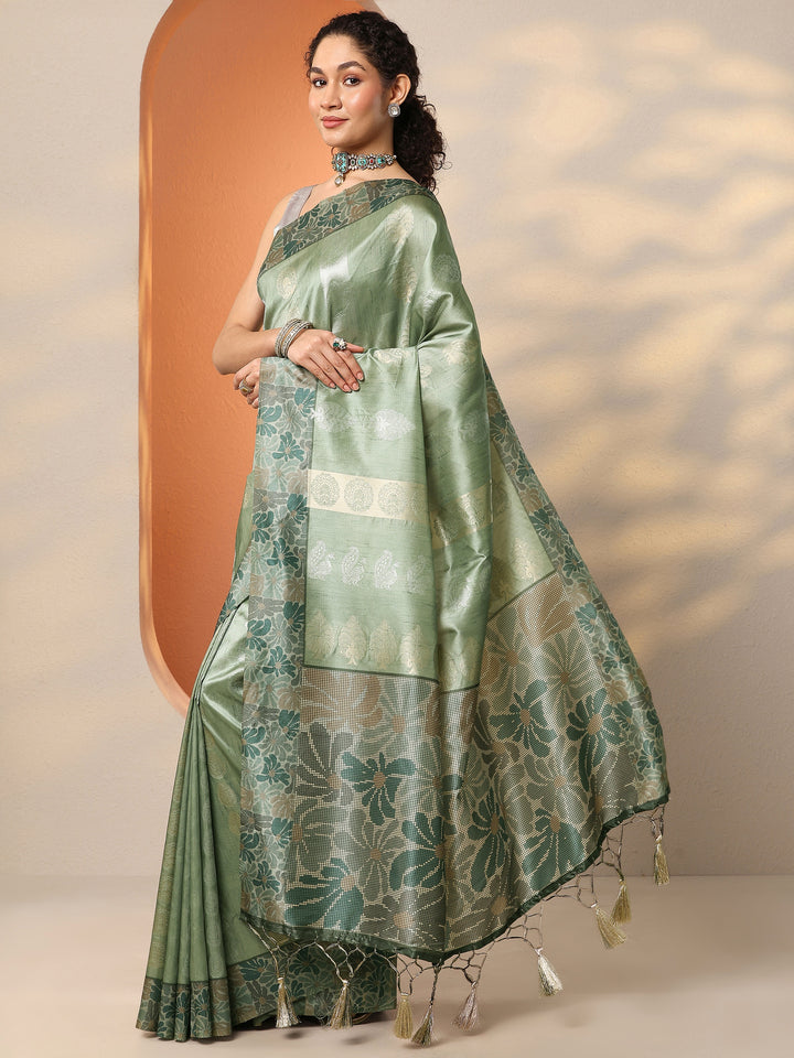 Green Printed Silk Blend Saree With Unstitched Blouse Piece