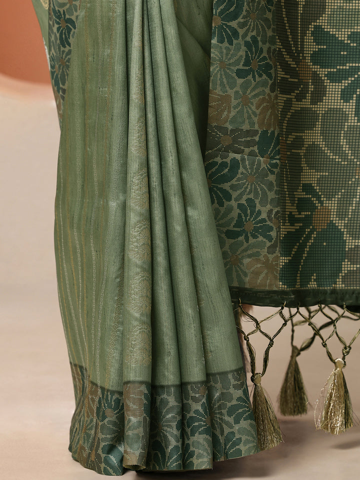 Green Printed Silk Blend Saree With Unstitched Blouse Piece