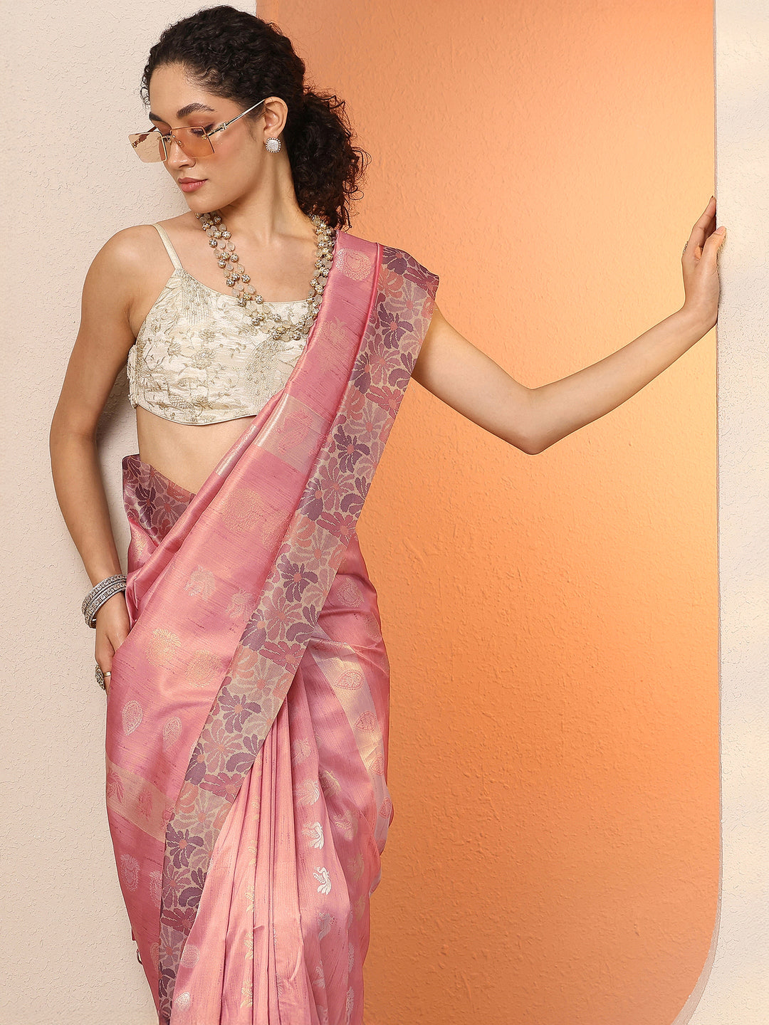 Coral Printed Silk Blend Saree With Unstitched Blouse Piece