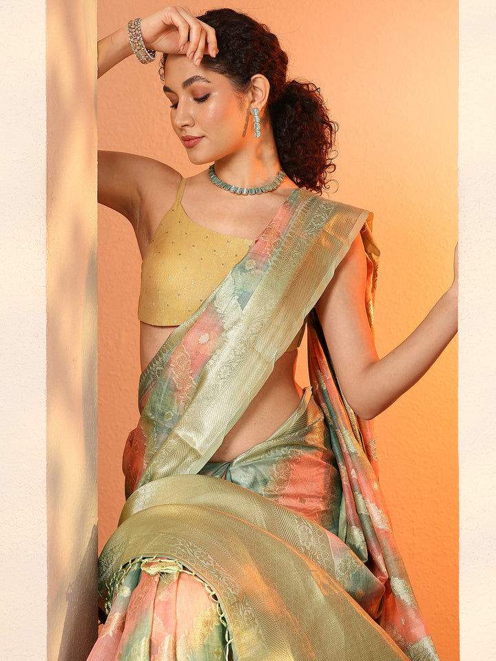 Multi Woven Design Silk Blend Saree With Unstitched Blouse Piece