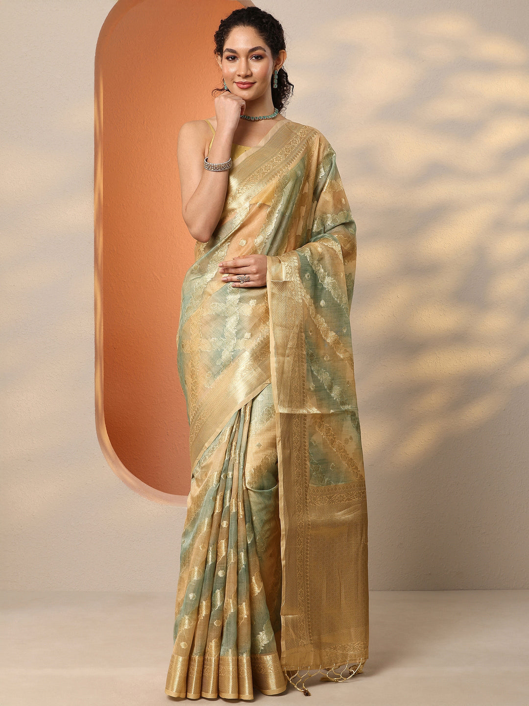 Multi Woven Design Silk Blend Saree With Unstitched Blouse Piece