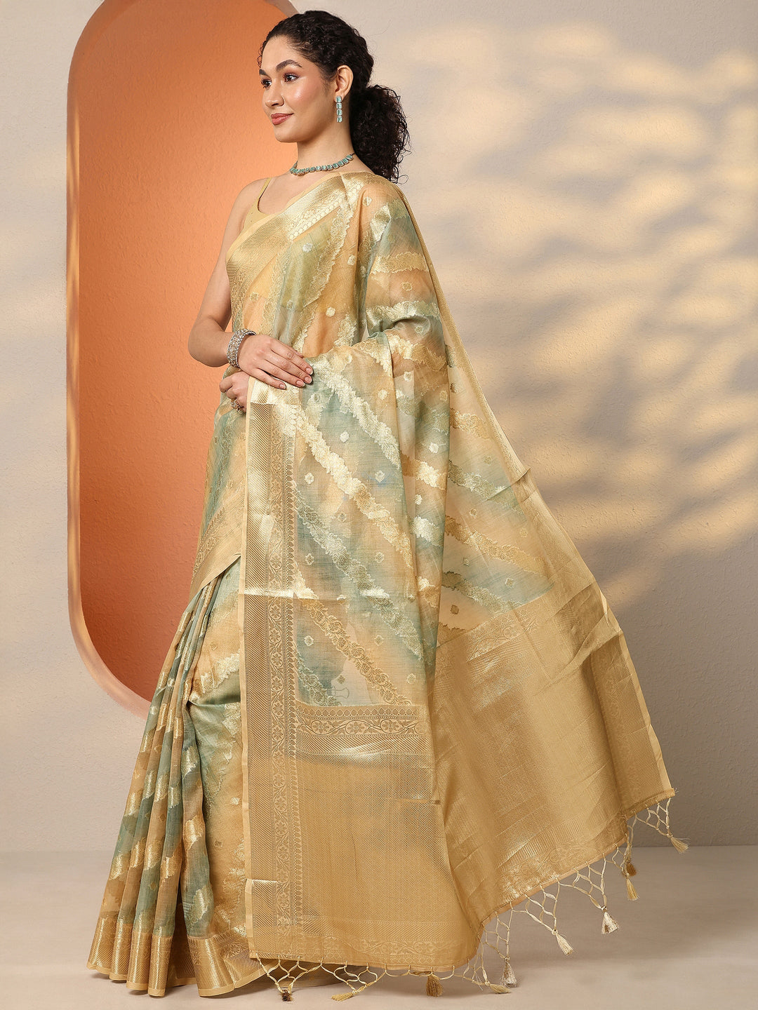 Multi Woven Design Silk Blend Saree With Unstitched Blouse Piece