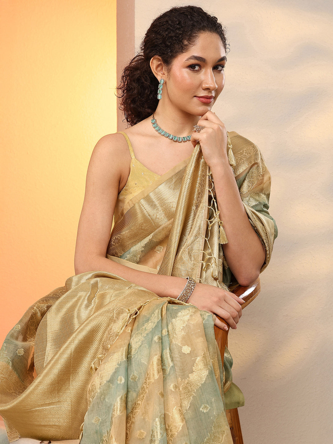 Multi Woven Design Silk Blend Saree With Unstitched Blouse Piece