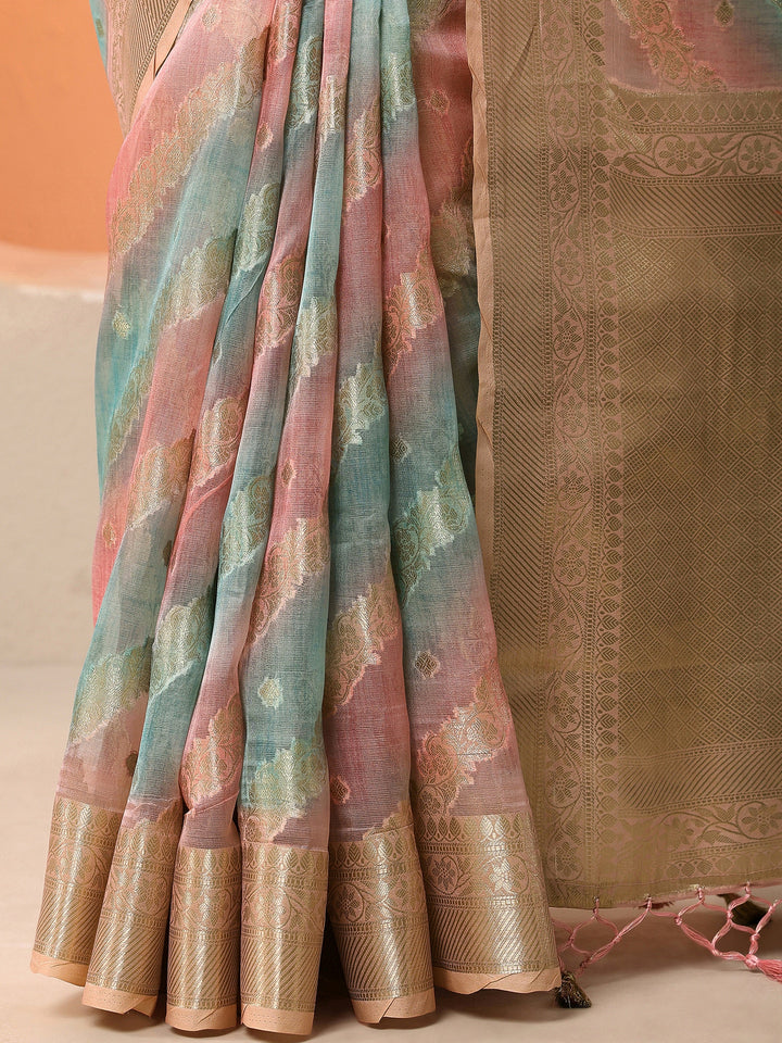 Multi Woven Design Silk Blend Saree With Unstitched Blouse Piece