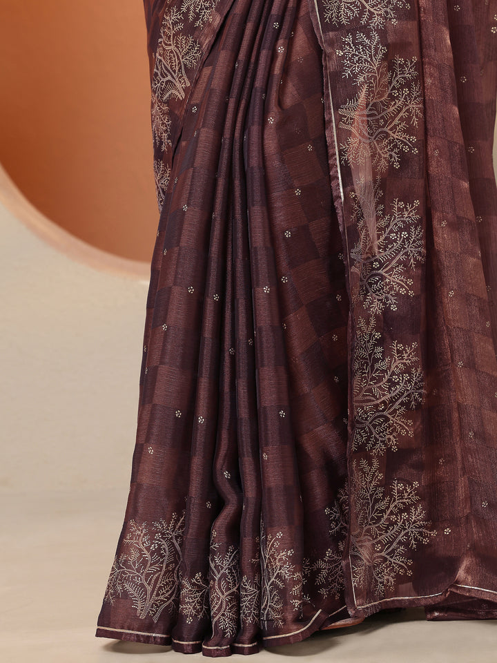 Brown Embroidered Silk Blend Saree With Unstitched Blouse Piece