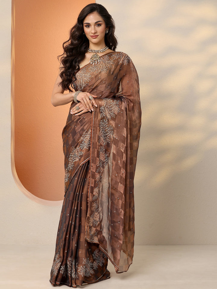 Brown Embroidered Silk Blend Saree With Unstitched Blouse Piece