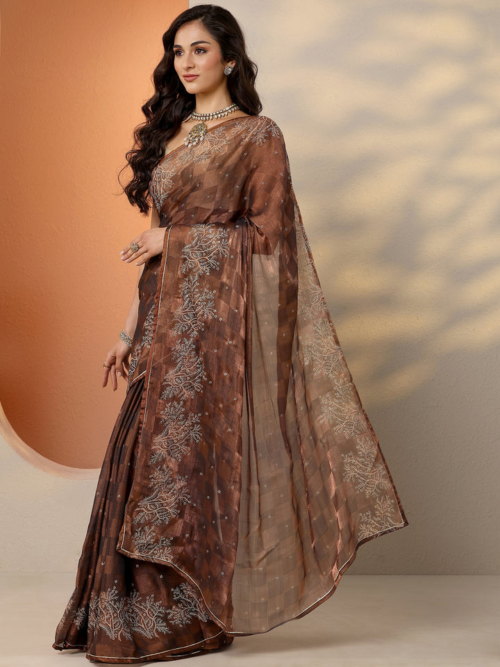 Brown Embroidered Silk Blend Saree With Unstitched Blouse Piece