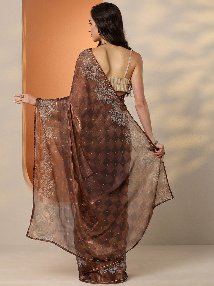 Brown Embroidered Silk Blend Saree With Unstitched Blouse Piece