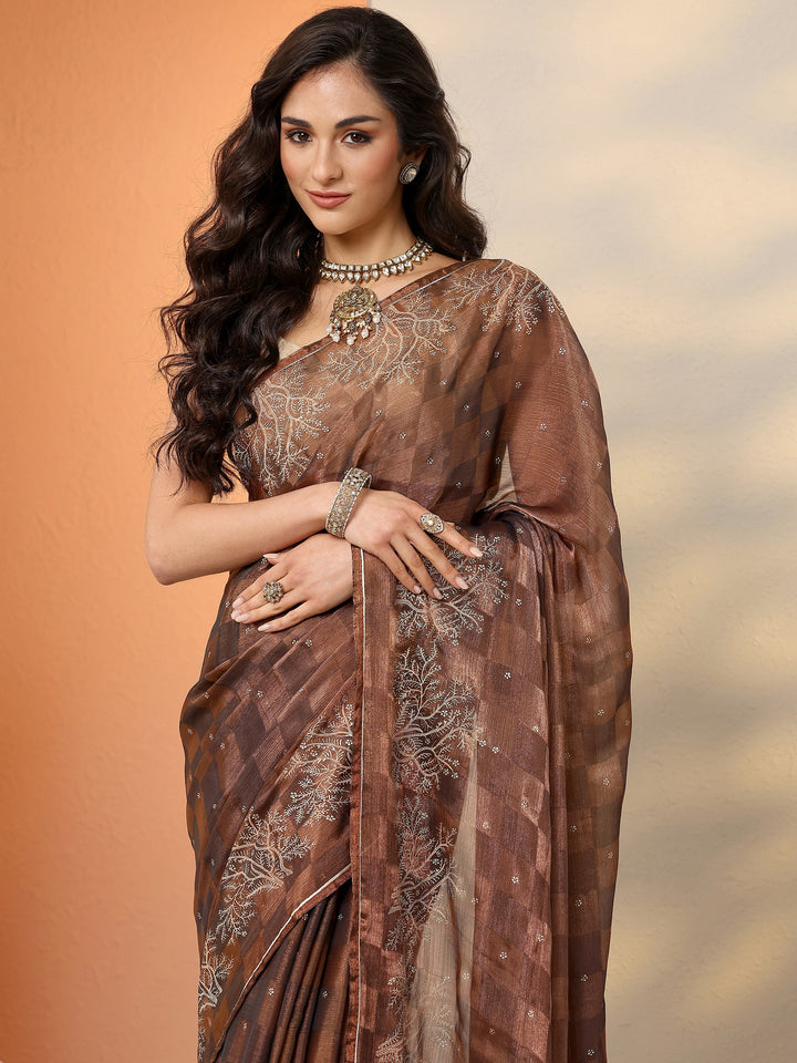 Brown Embroidered Silk Blend Saree With Unstitched Blouse Piece