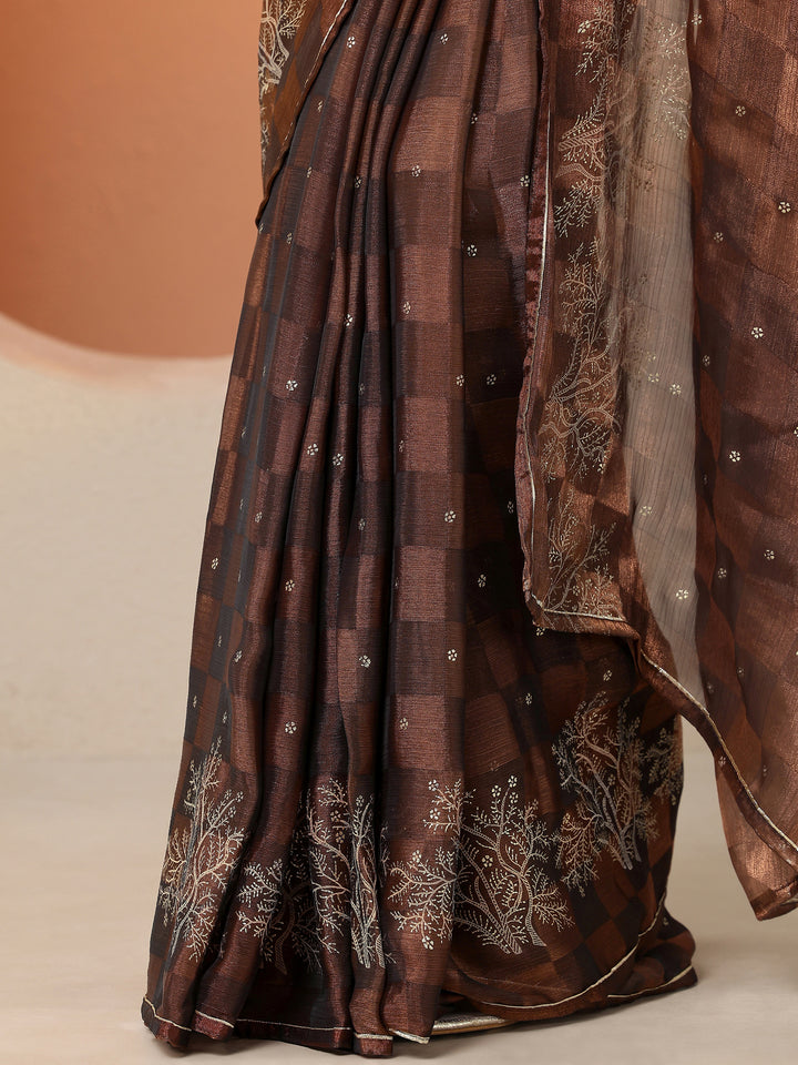 Brown Embroidered Silk Blend Saree With Unstitched Blouse Piece