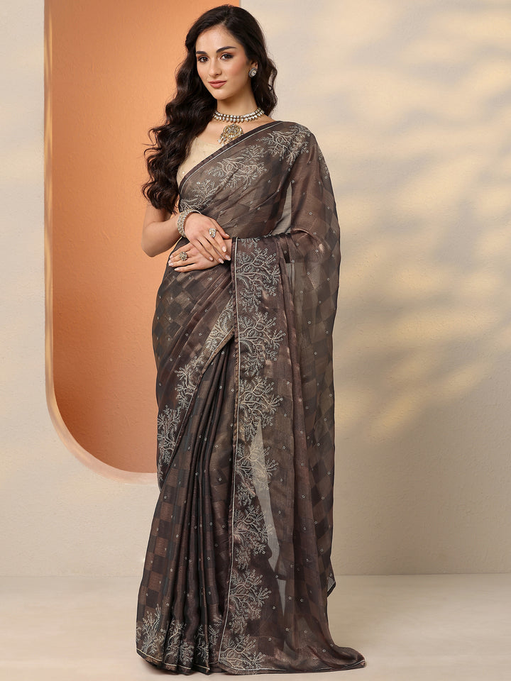 Brown Embroidered Silk Blend Saree With Unstitched Blouse Piece