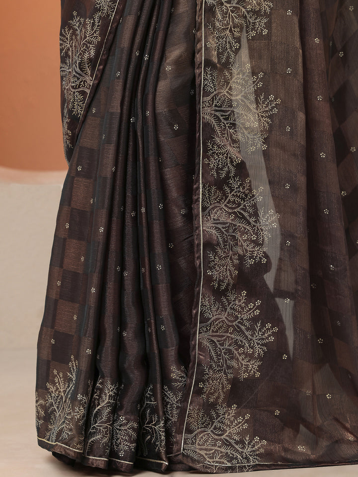 Brown Embroidered Silk Blend Saree With Unstitched Blouse Piece