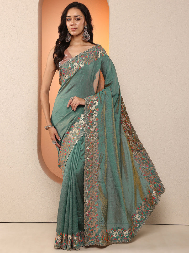 Green Solid Silk Blend Saree With Unstitched Blouse Piece