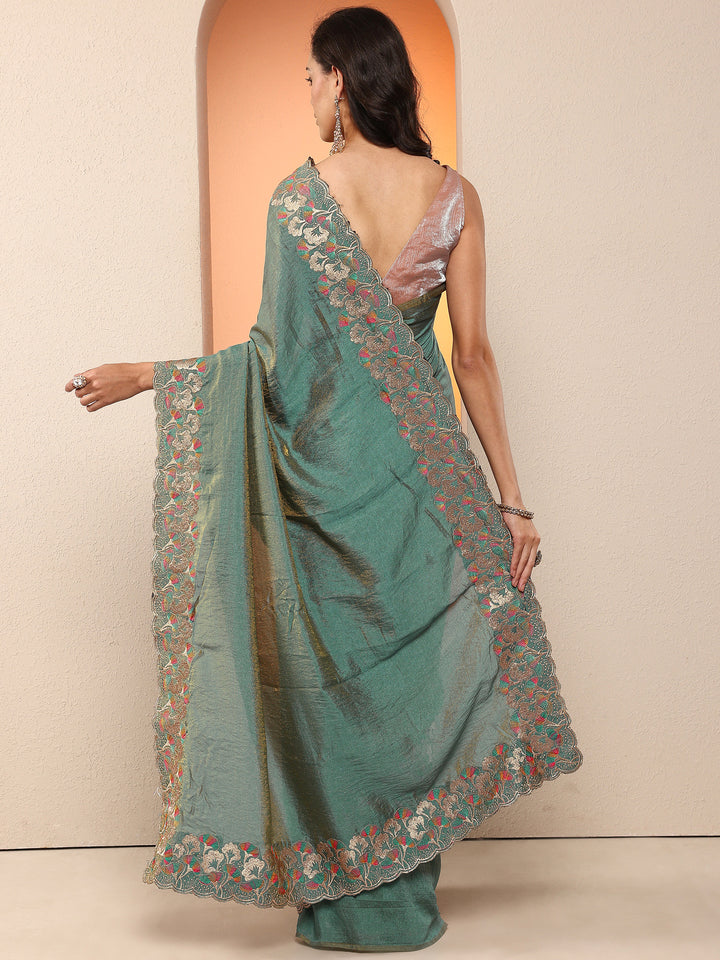 Green Solid Silk Blend Saree With Unstitched Blouse Piece