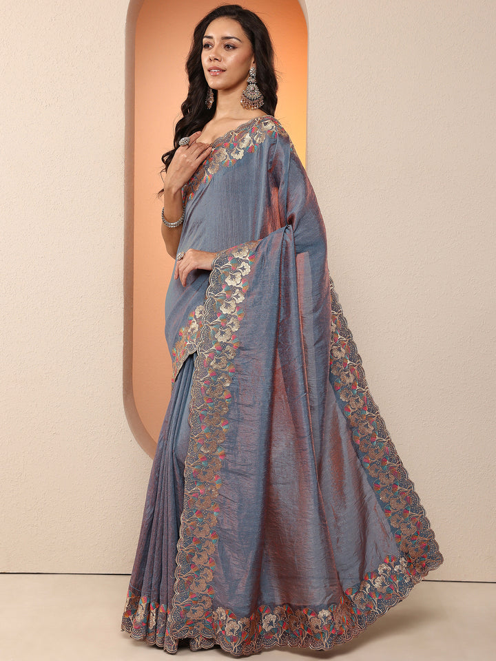Blue Solid Silk Blend Saree With Unstitched Blouse Piece