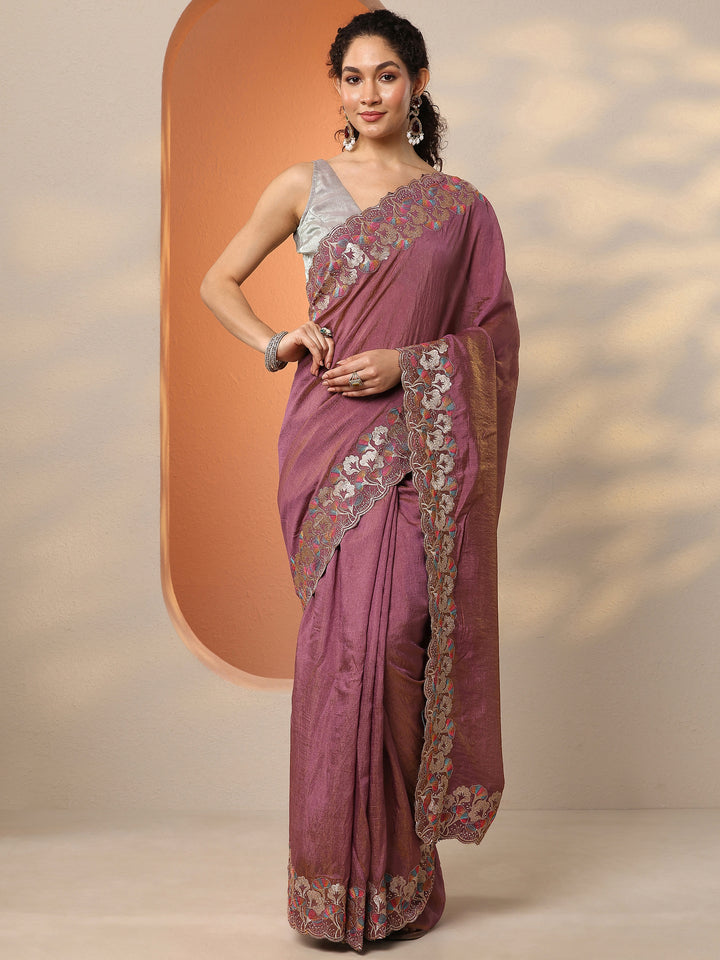 Mauve Embroidered Silk Blend Saree With Unstitched Blouse Piece