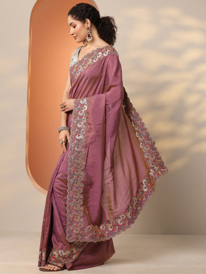 Mauve Embroidered Silk Blend Saree With Unstitched Blouse Piece