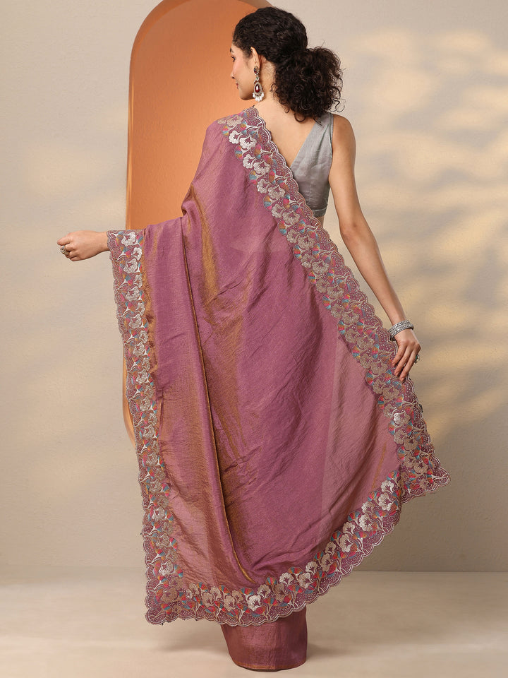 Mauve Embroidered Silk Blend Saree With Unstitched Blouse Piece