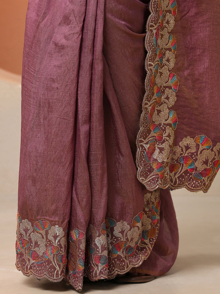 Mauve Embroidered Silk Blend Saree With Unstitched Blouse Piece