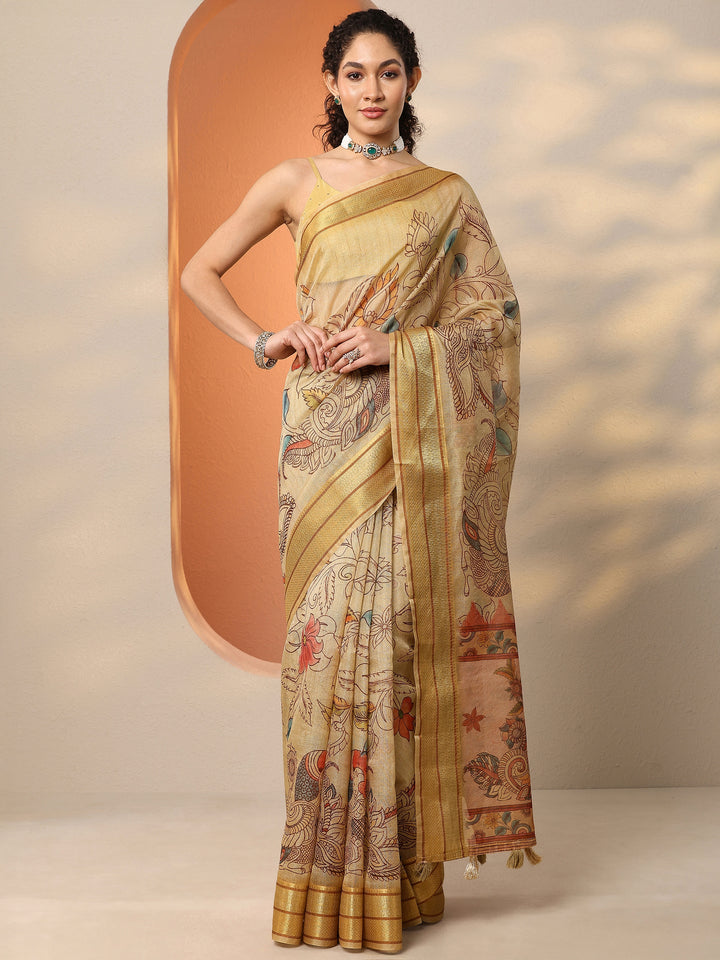 Gold Tribal Printed Silk Blend Saree With Unstitched Blouse Piece