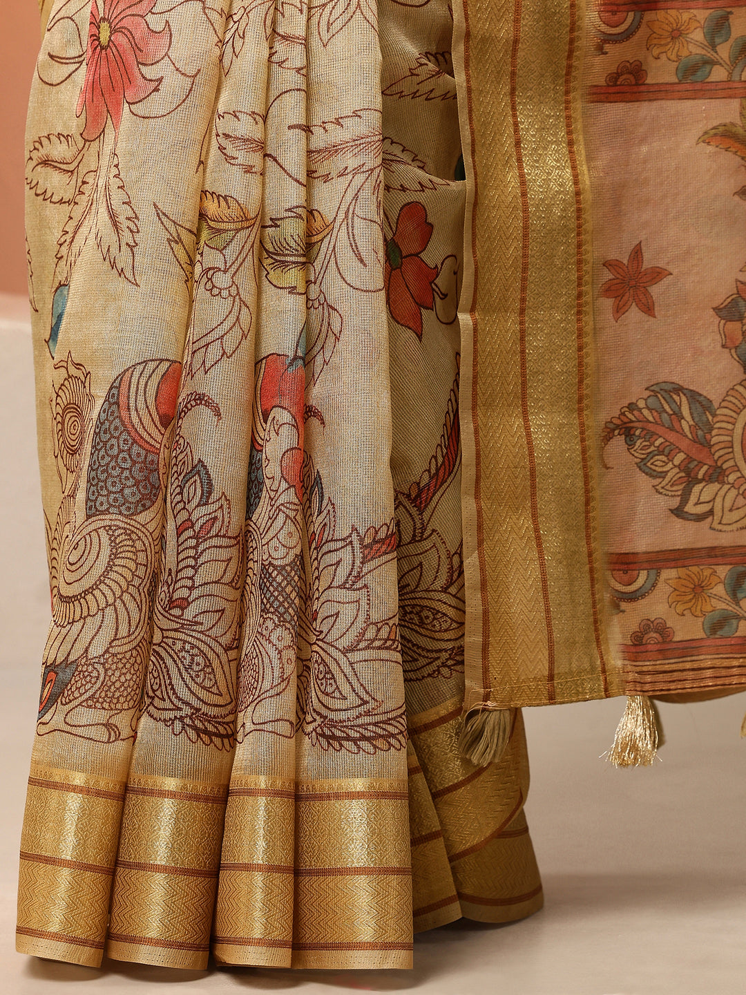 Gold Tribal Printed Silk Blend Saree With Unstitched Blouse Piece