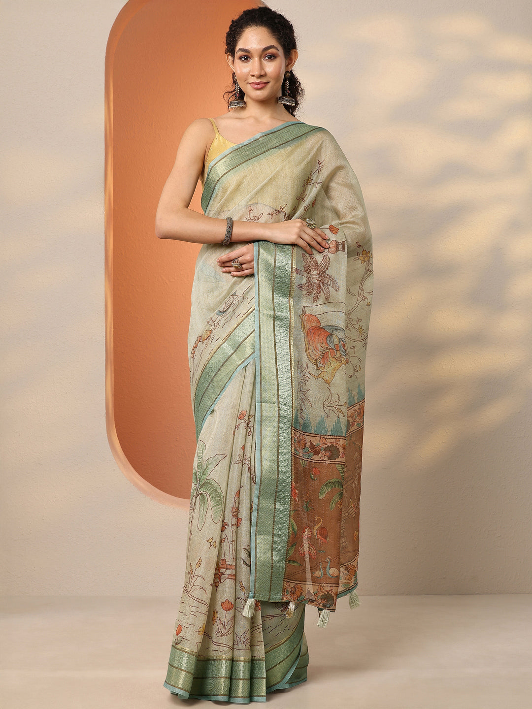 Green Printed Silk Blend Saree With Unstitched Blouse Piece