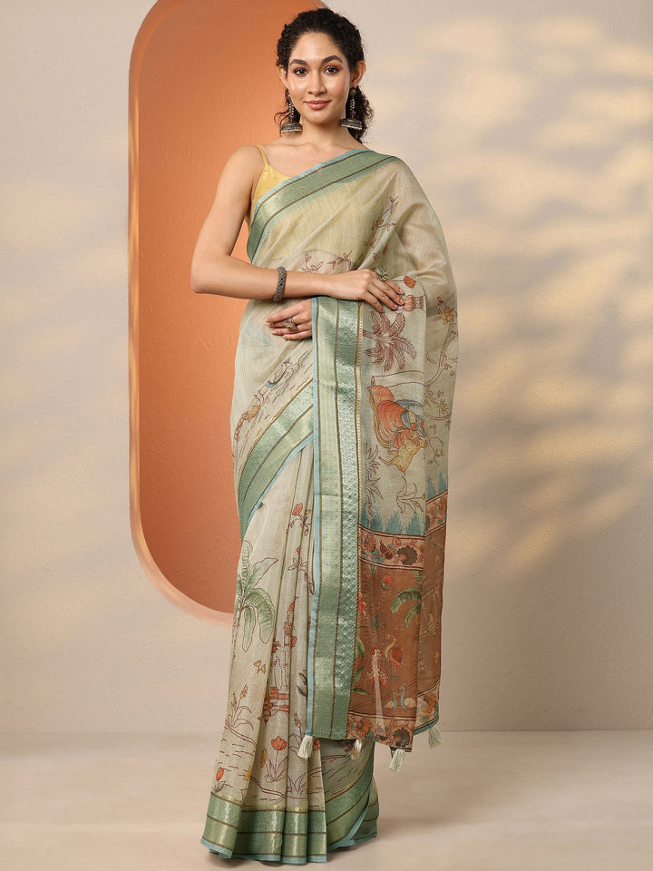 Green Printed Silk Blend Saree With Unstitched Blouse Piece
