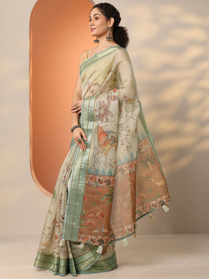 Green Printed Silk Blend Saree With Unstitched Blouse Piece