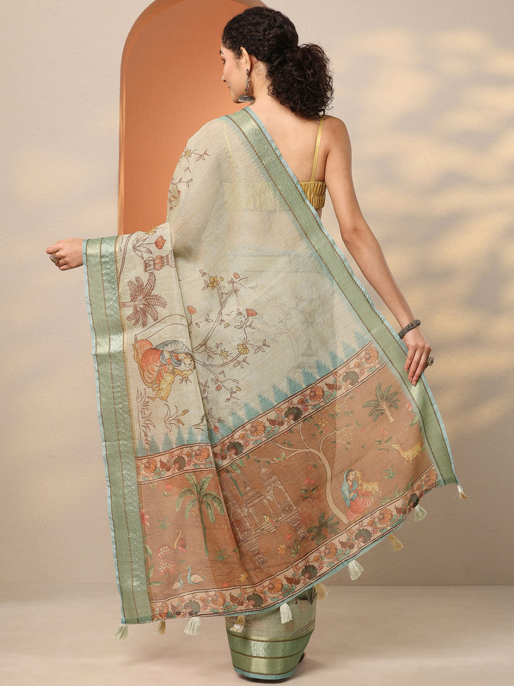Green Printed Silk Blend Saree With Unstitched Blouse Piece