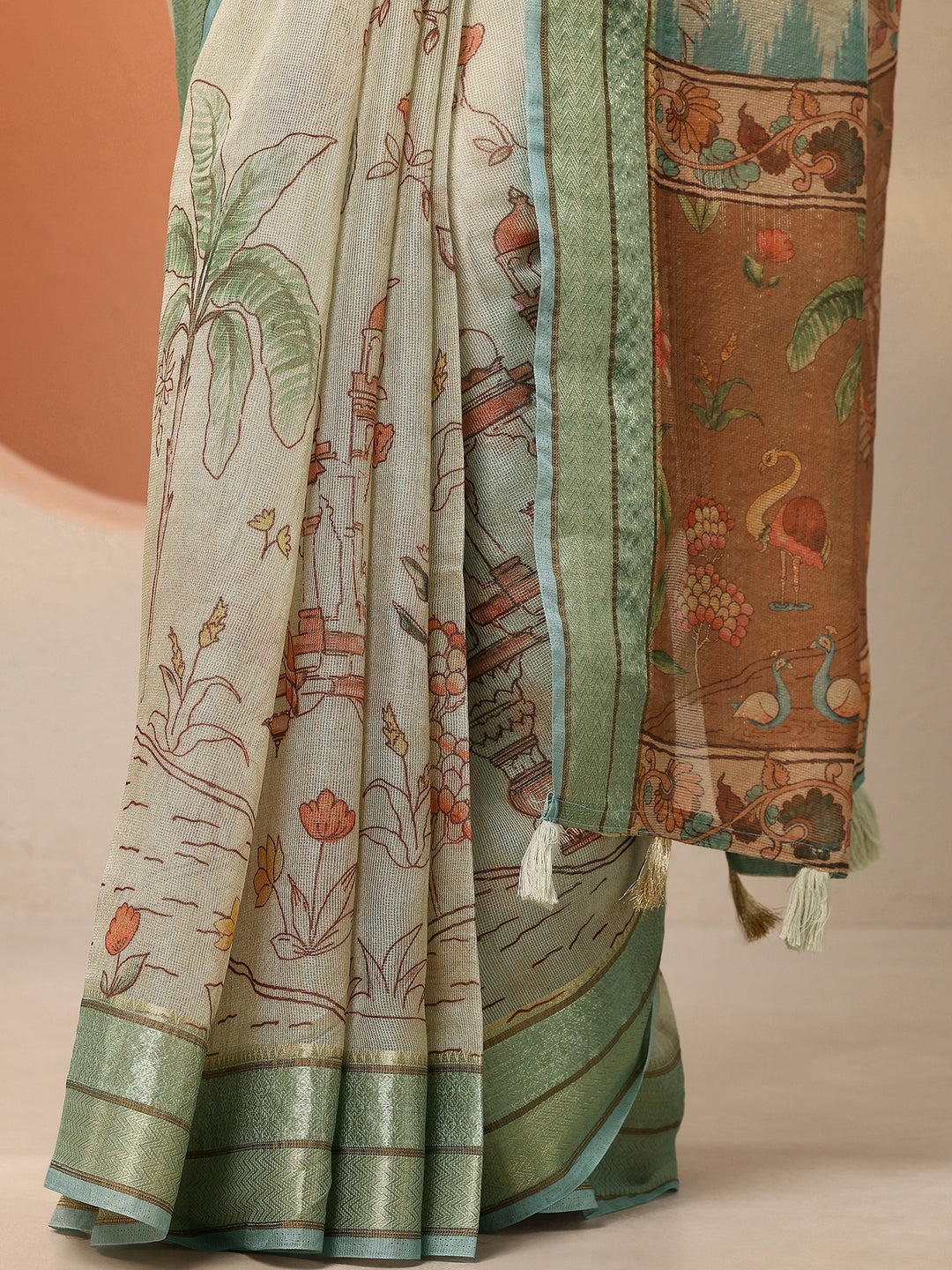 Green Printed Silk Blend Saree With Unstitched Blouse Piece