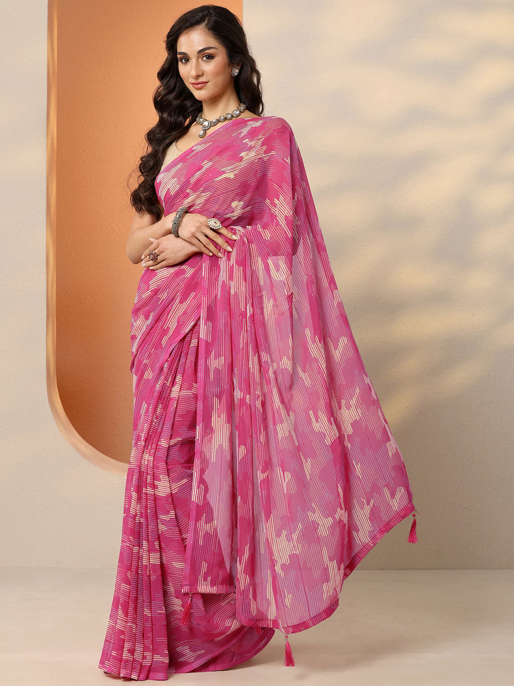 Pink Printed Georgette Saree With Unstitched Blouse Piece