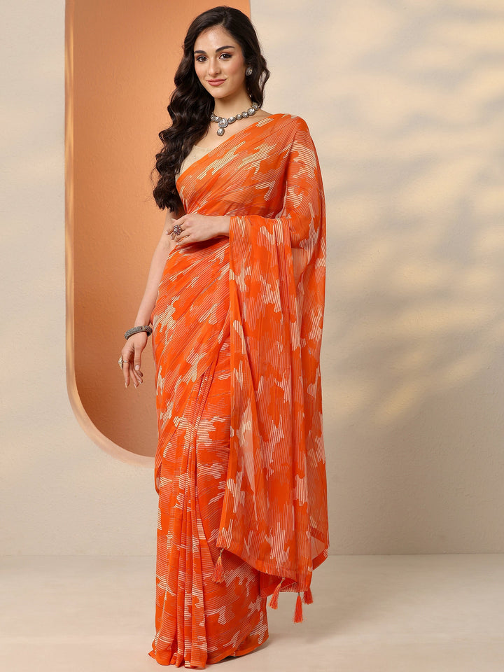 Orange Printed Georgette Saree With Unstitched Blouse Piece
