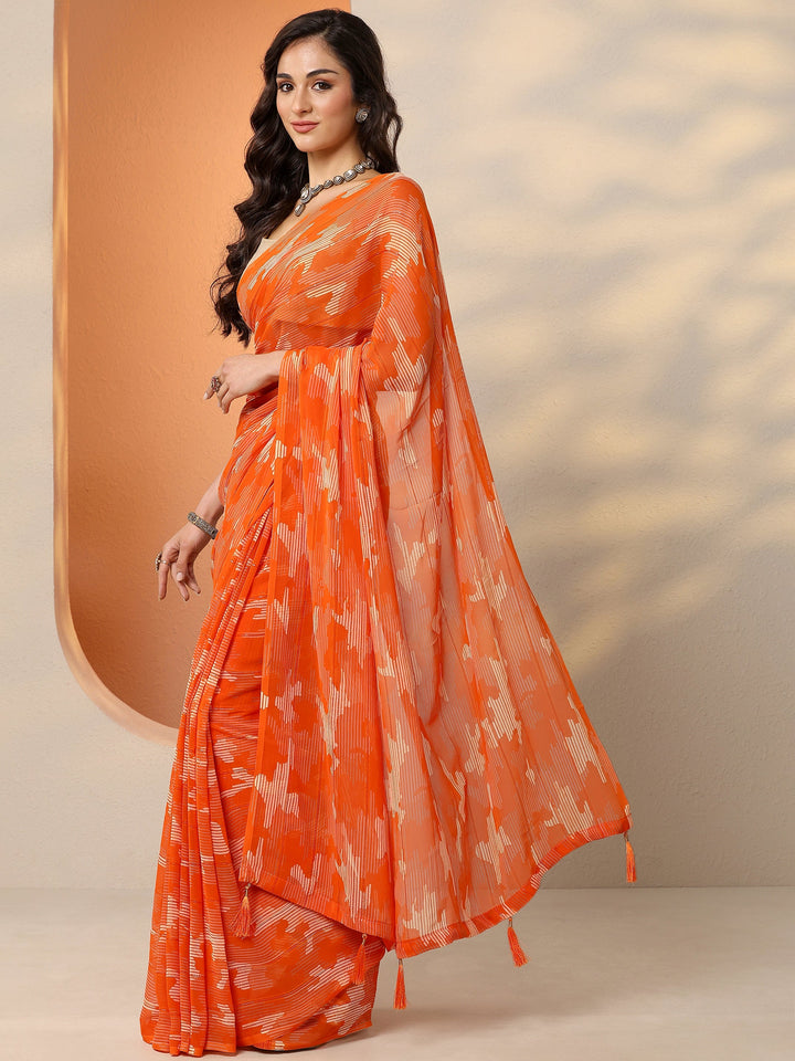 Orange Printed Georgette Saree With Unstitched Blouse Piece