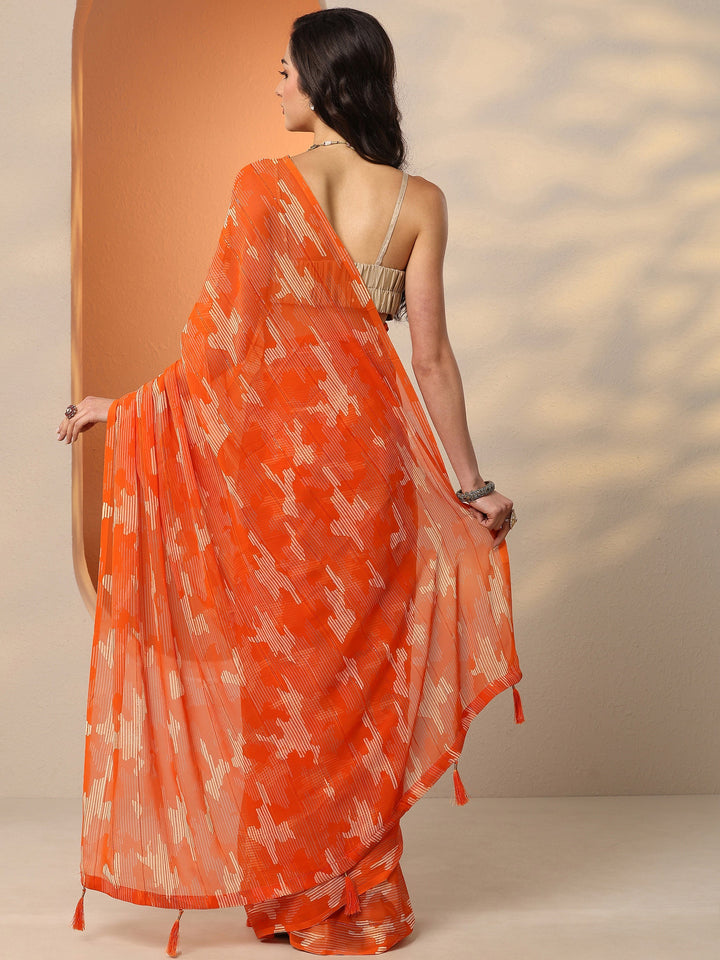 Orange Printed Georgette Saree With Unstitched Blouse Piece