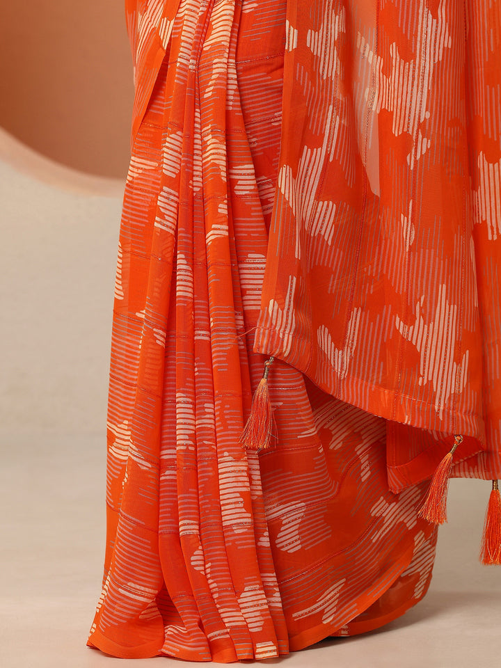 Orange Printed Georgette Saree With Unstitched Blouse Piece