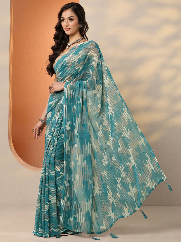 Green Printed Georgette Saree With Unstitched Blouse Piece