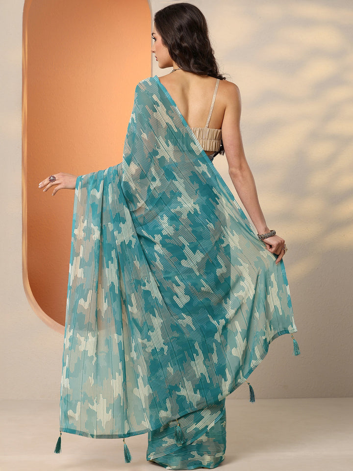 Green Printed Georgette Saree With Unstitched Blouse Piece