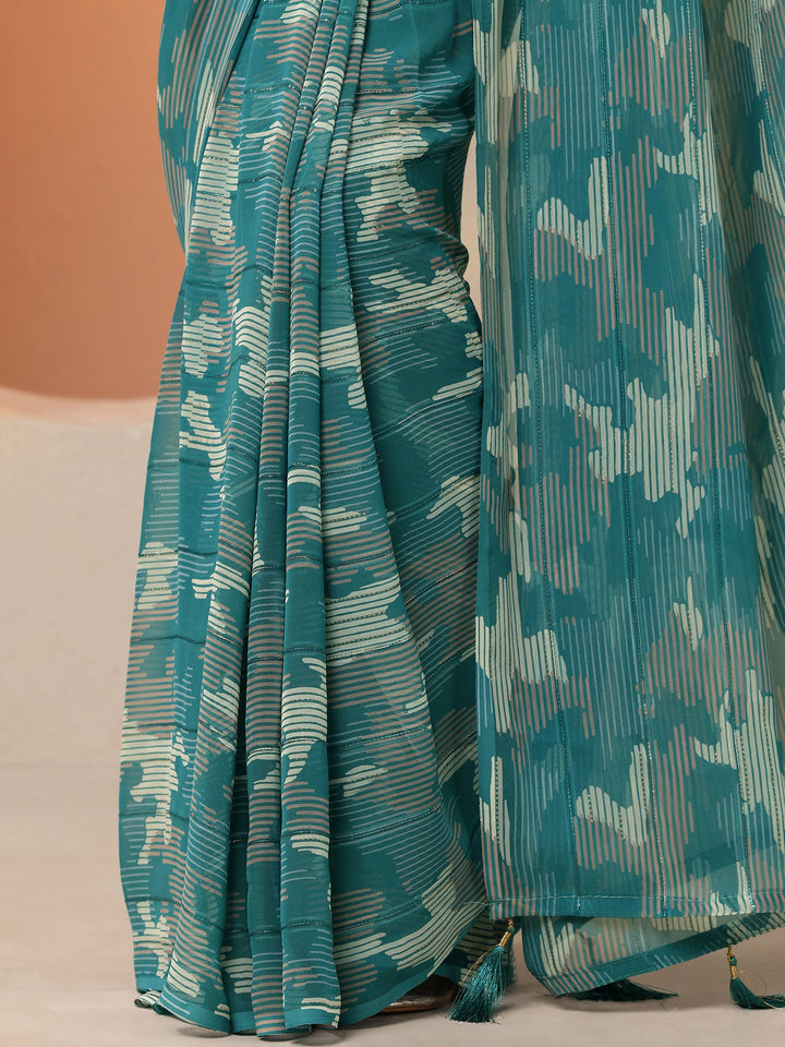 Green Printed Georgette Saree With Unstitched Blouse Piece