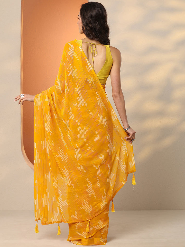 Yellow Printed Georgette Saree With Unstitched Blouse Piece