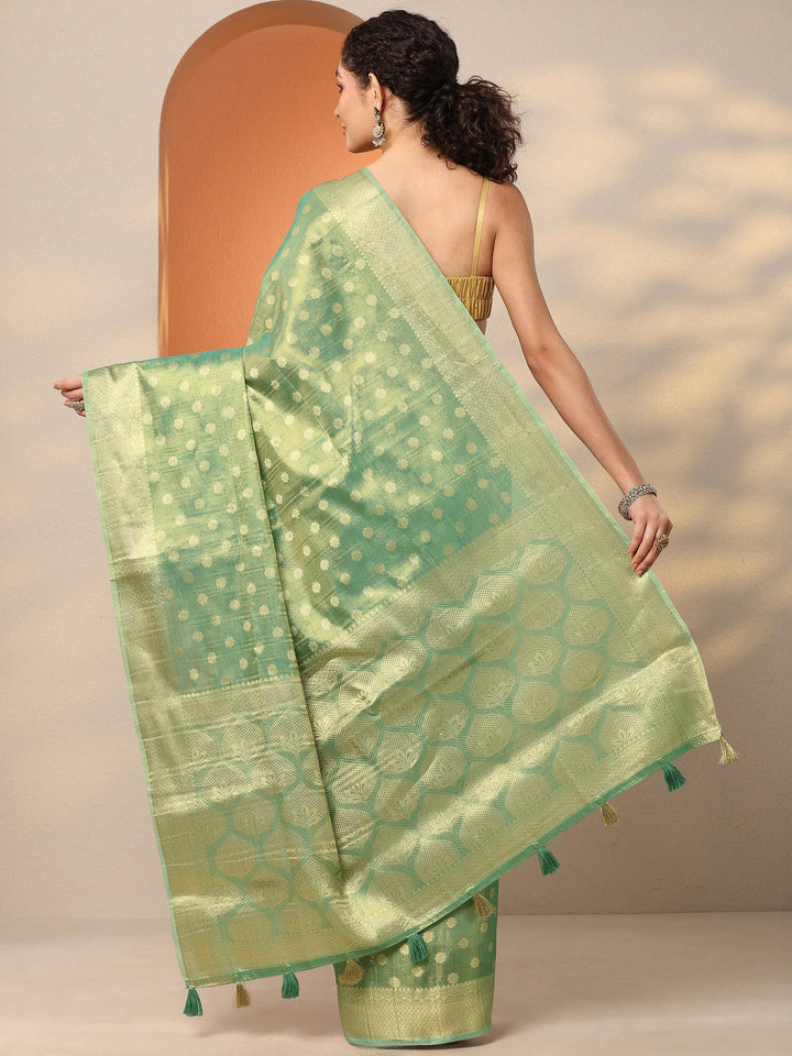 Green Woven Design Silk Blend Saree With Unstitched Blouse Piece
