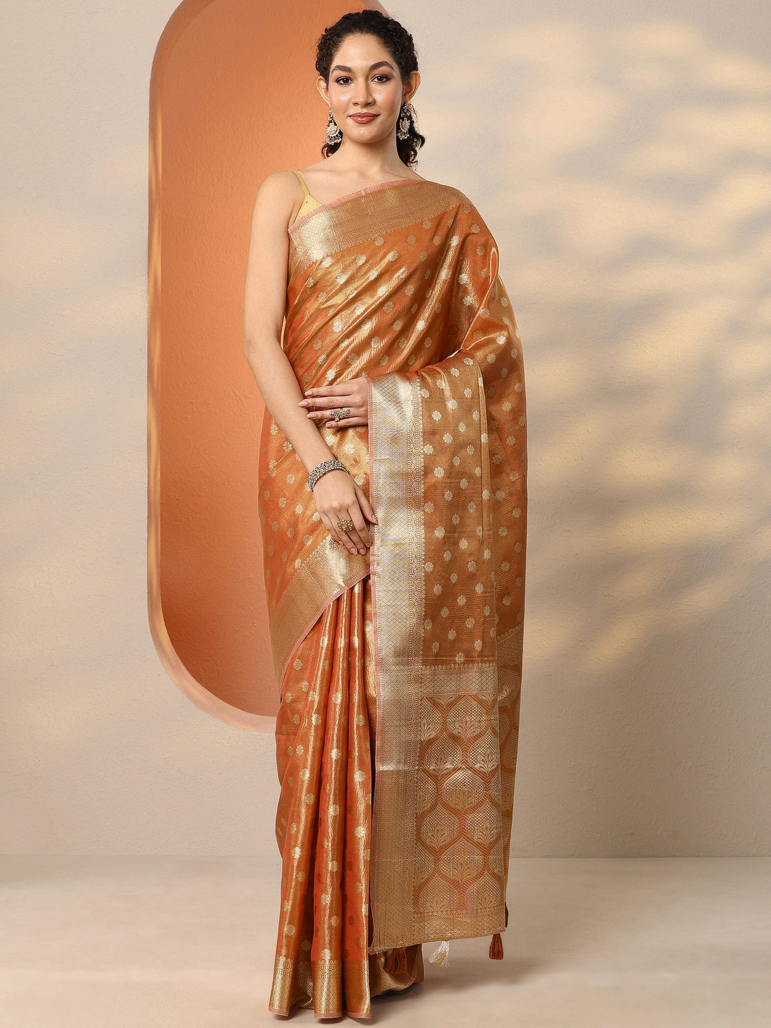 Orange Woven Design Silk Blend Saree With Unstitched Blouse Piece