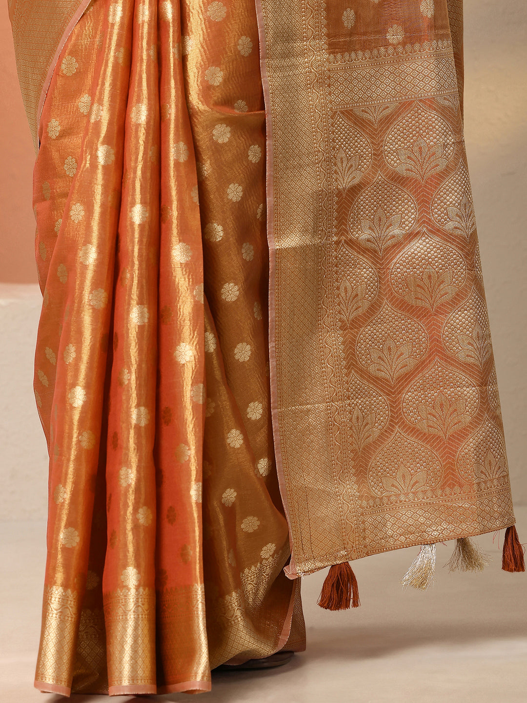 Orange Woven Design Silk Blend Saree With Unstitched Blouse Piece
