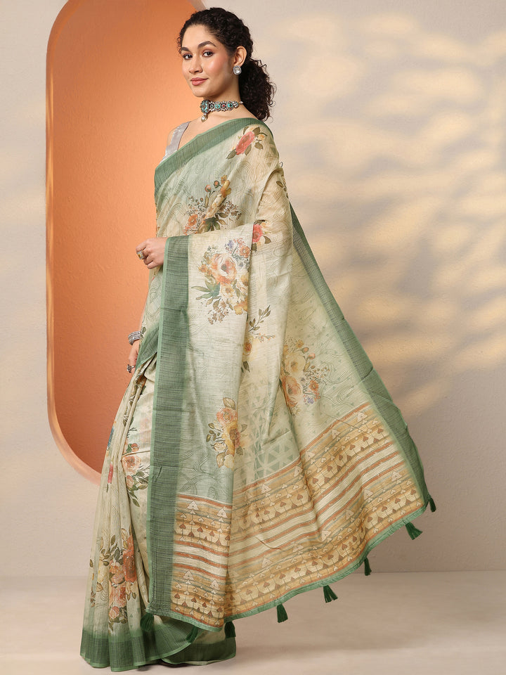 Green Printed Silk Blend Saree With Unstitched Blouse Piece